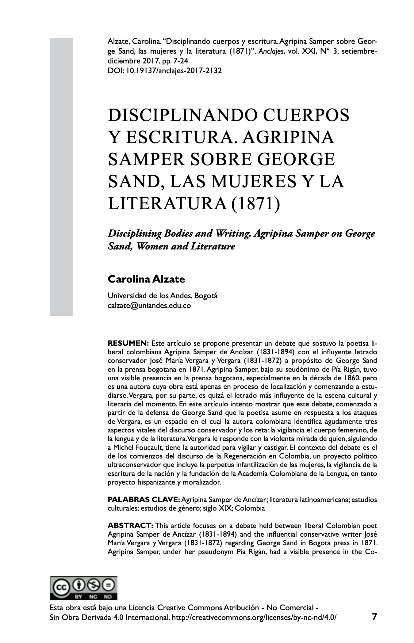 Disciplinando cuerpos y escritura. Agripina Samper sobre George Sand, las mujeres y la literatura (1871).