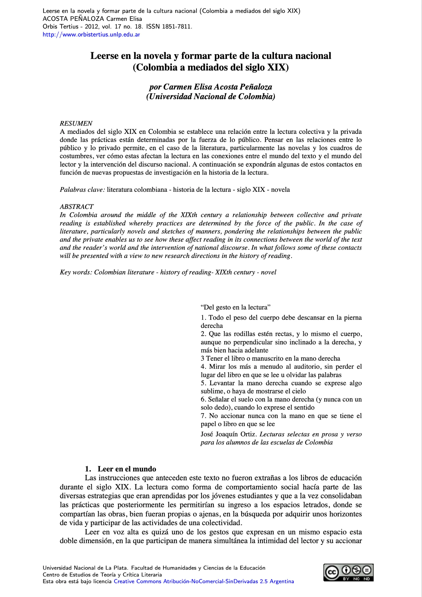 Leerse en la novela y formar parte de la cultura nacional Colombia a mediados del siglo XIX)