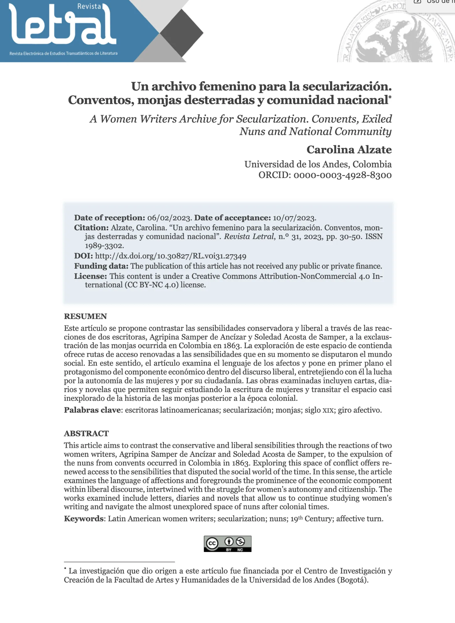 Un archivo femenino para la secularización. Conventos, monjas desterradas y comunidadnacional*A Women Writers Archive for Secularization.Convents, Exiled Nuns and National Community